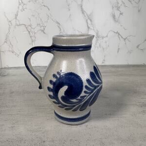 Vintage, 5" German Handarbeit Salt Glazed Cobalt Light Blue Pottery Pitcher